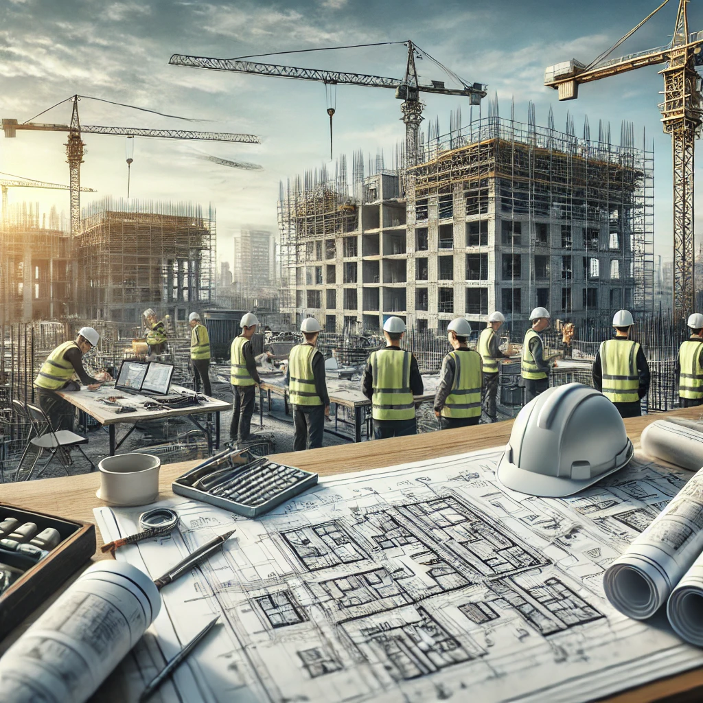 DALL·E 2024-10-10 14.48.29 – A professional and realistic photo of a construction site suitable for a job advert for a quantity surveyor. The image features construction workers w